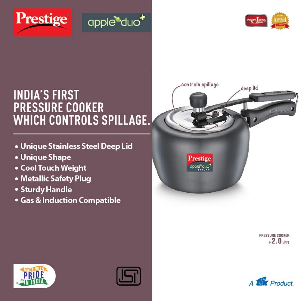 Prestige Apple DUO Plus Svachh Hard Anodised Inner Lid Pressure Cooker, 2.0 Litres (Black) - 20262
