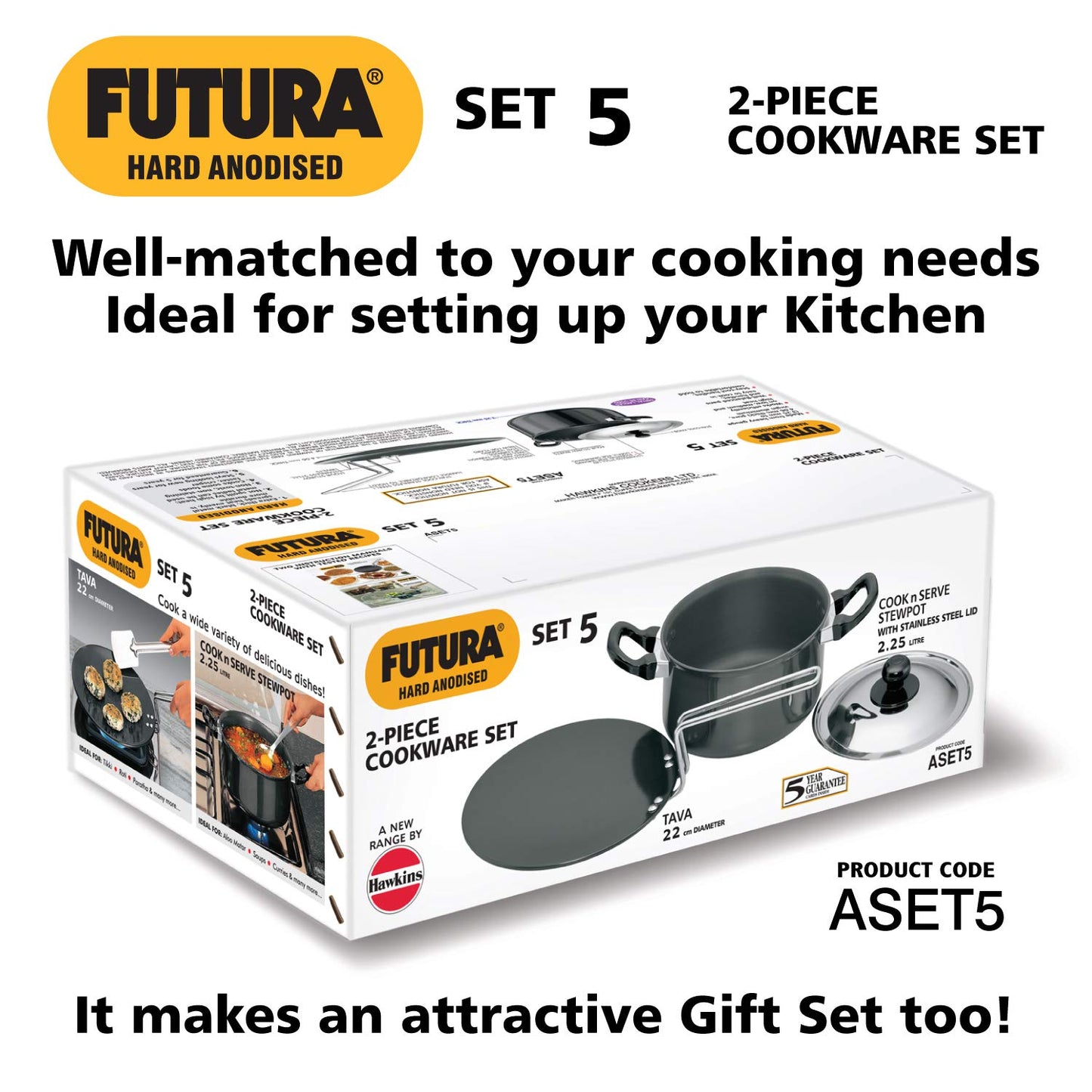 Hawkins Futura 2 Pieces Hard Anodised Cookware Set 5 - 22cm Tava and 2.5 Litres Stewpot with One Stainless Steel Lid - ASET5