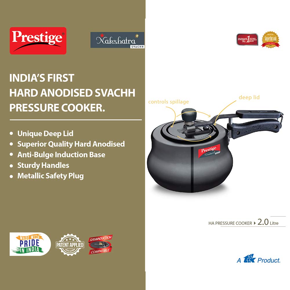 Prestige Svachh 2 Litres Hard Anodised Aluminium Inner Lid Handi, with Deep Lid for Spillage Control, Black - 10759