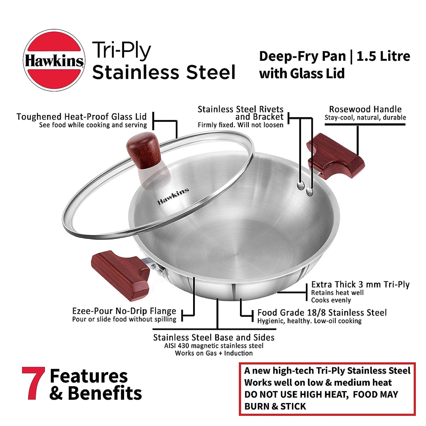 Hawkins Triply Stainless Steel Deep Fry Pan | Kadhai With Glass Lid 1.5 Litres | 22cms, Flat Bottom Induction Base - SSD 15G