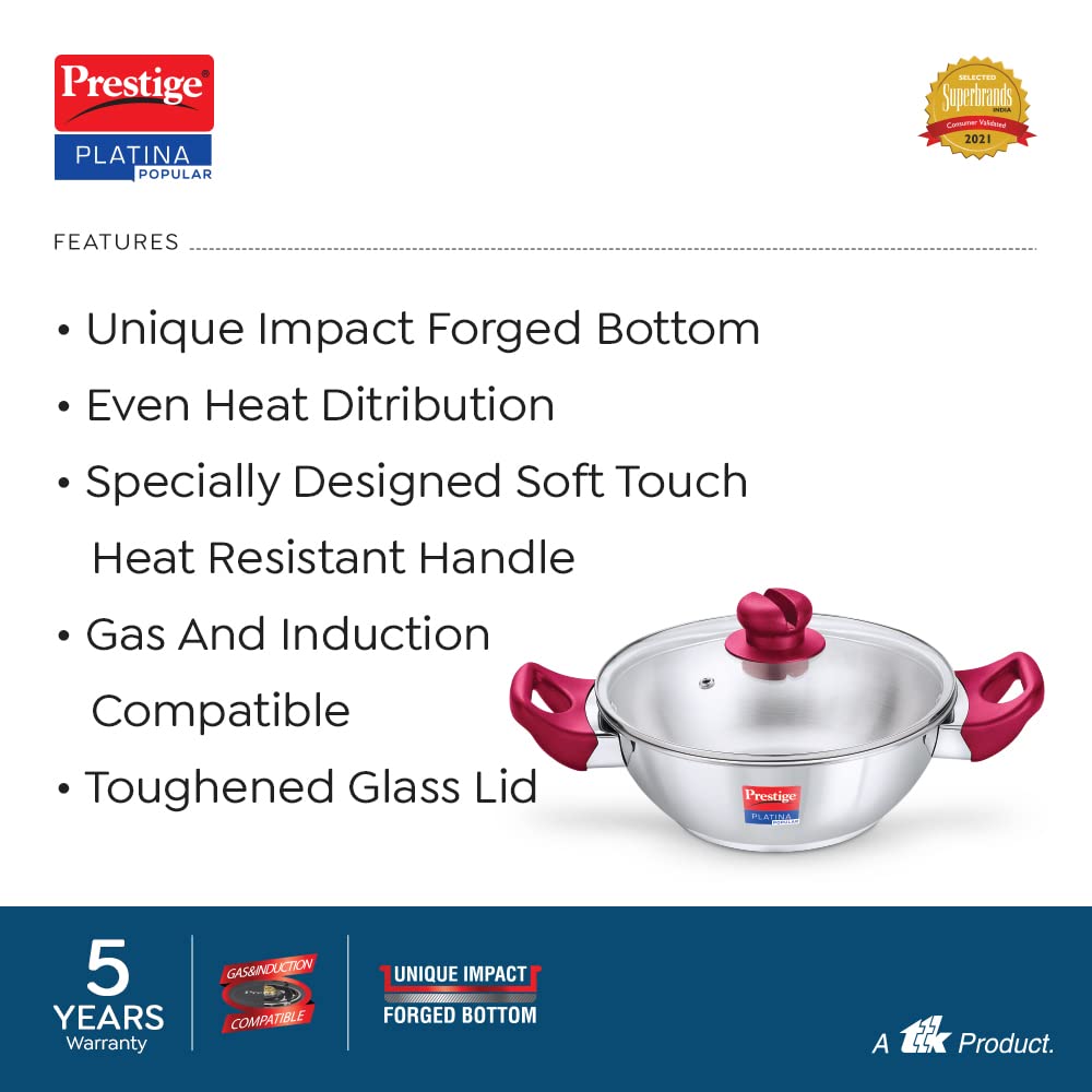 Prestige Platina Popular Stainless Steel Unique Impact Forged Bottom Kadai with Glass Lid 200mm - 36884