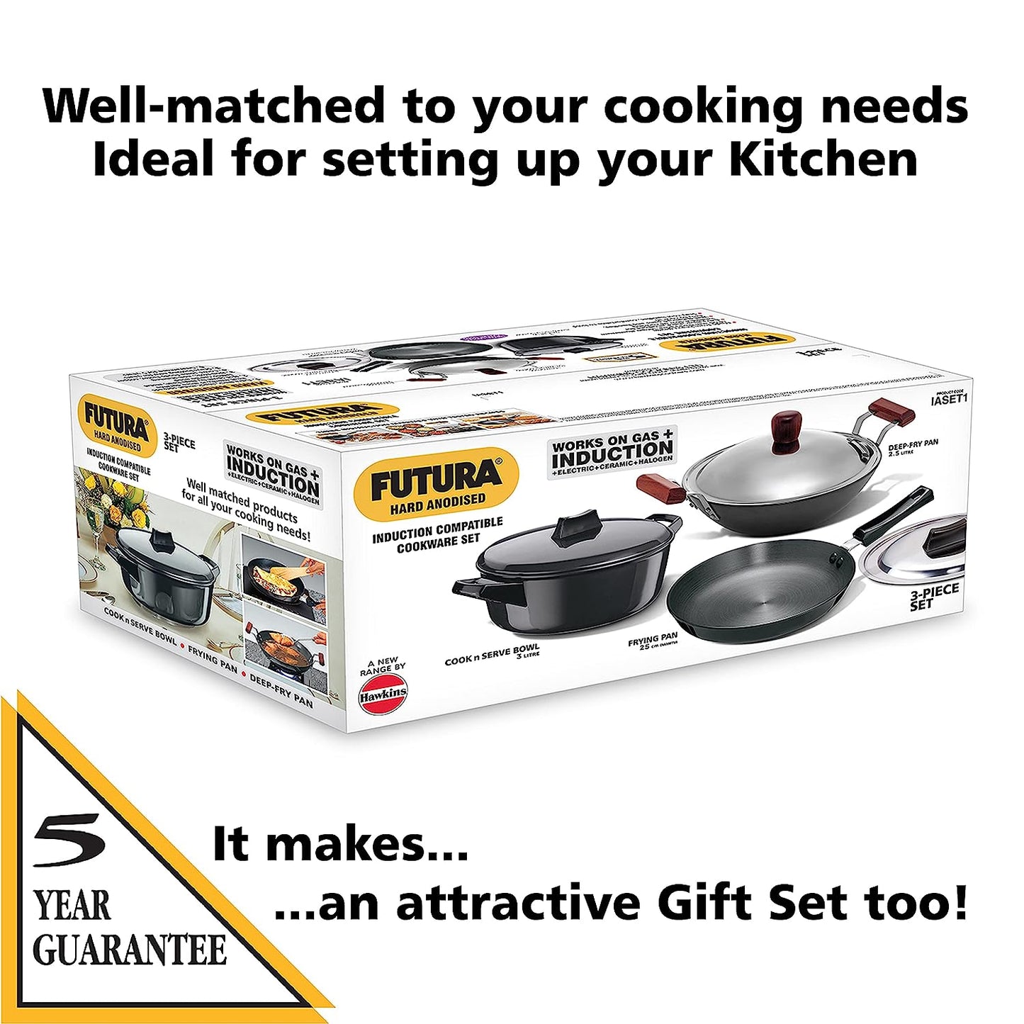 Hawkins Futura 4 Pieces Hard Anodised Induction Compatible Cookware Set 1 - 25cm Frying Pan With SS Lid, 2.5 Litres Deep Fry Pan With SS Lid and 3 Litres Cook-n-Serve Bowl with Hard Anodised Lid- IASET1