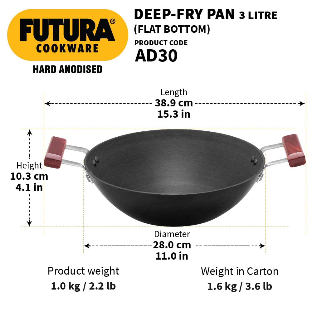 Hawkins Futura Hard Anodised Flat Bottom Deep Fry Pan 3 Litres | 28 cms, 4.06mm - AD 30