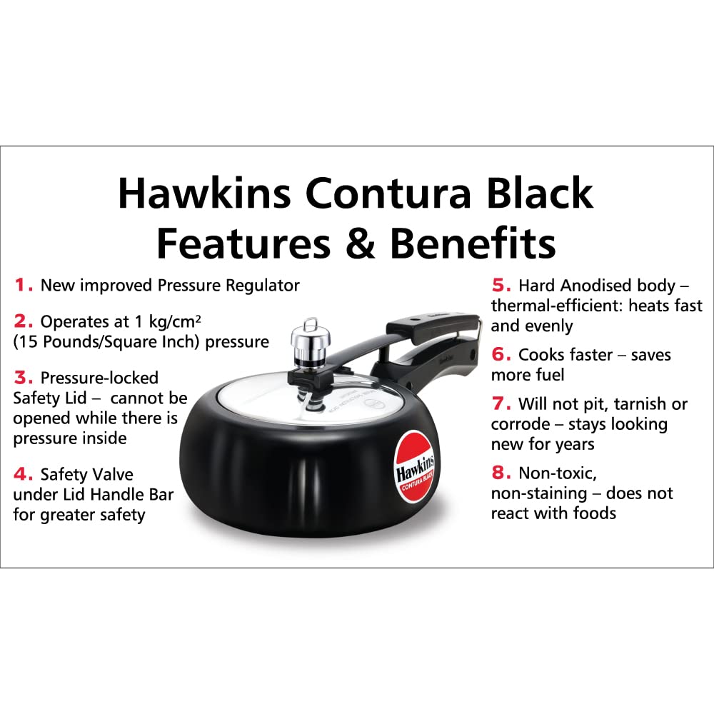 Hawkins Contura Hard Anodized Pressure Cooker, 2 Liters, Black - CB20