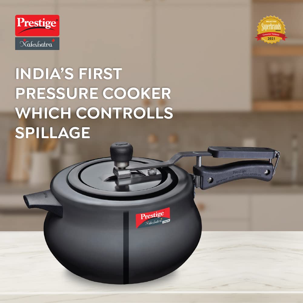 Prestige Nakshatra Plus Svachh Hard Anodised Aluminium Spillage Control Inner Lid Handi Pressure Cooker, 6.5 Litres (Black) - 10762