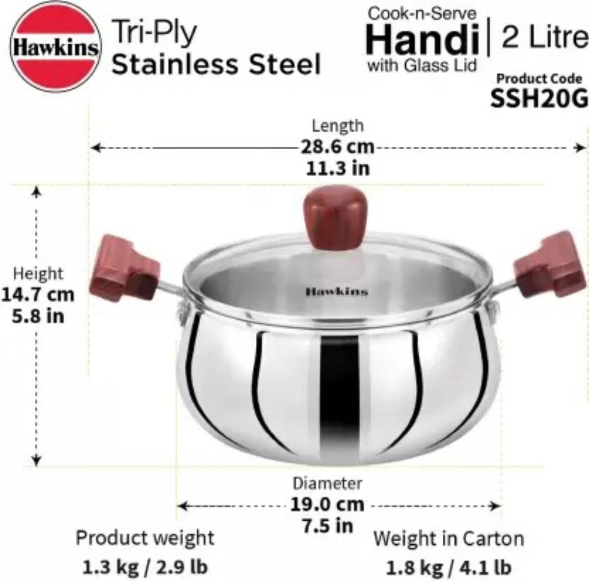 Hawkins Triply Stainless Steel Induction Base Cook n Serve Handi With Glass Lid 2 Litres | 18 cms - SSH 20G