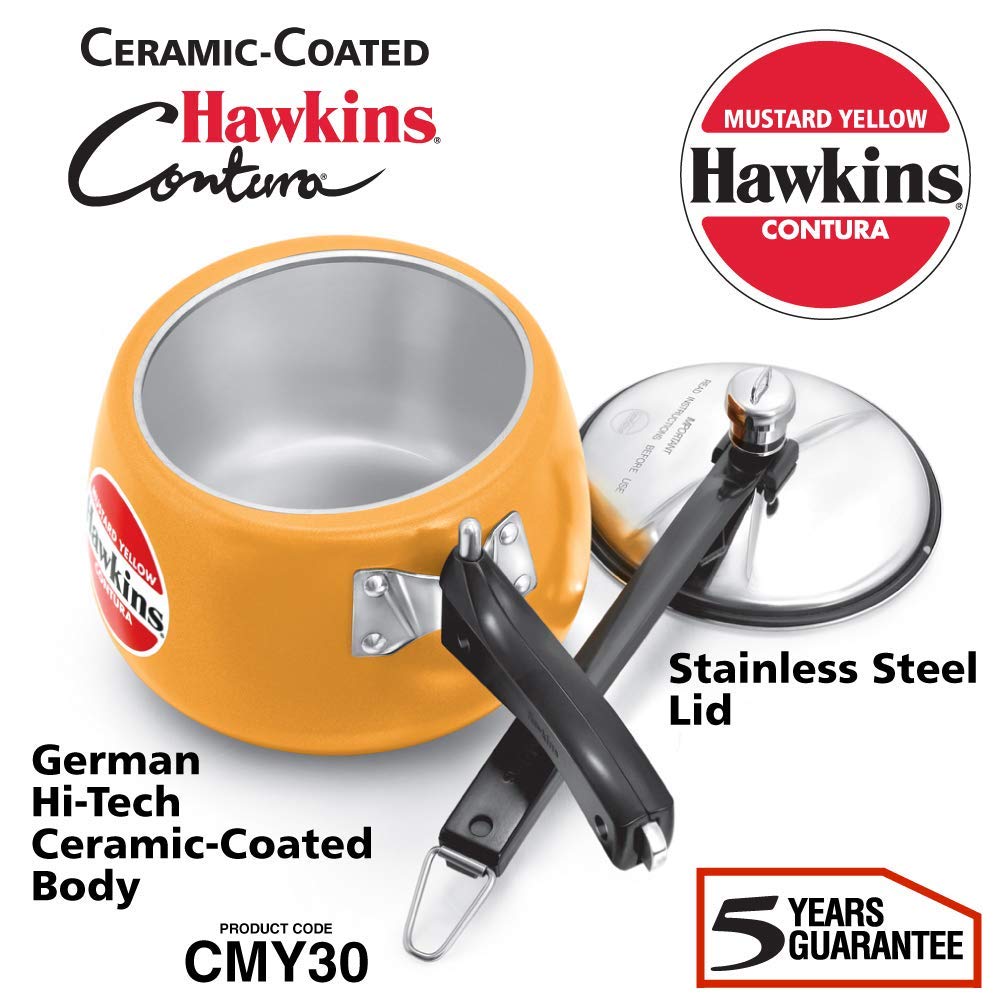 Hawkins Ceramic- Coated Contura 3 Litres Mustard Yellow Aluminium Inner Lid Pressure Cooker - CMY30