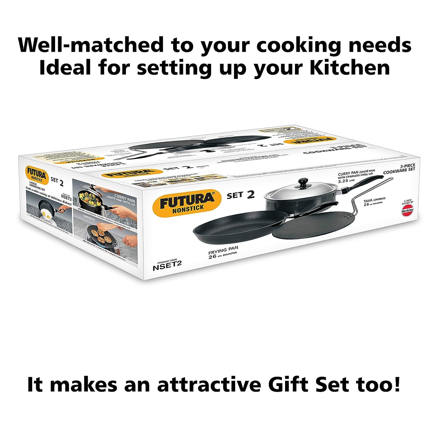 Hawkins Futura 3 Pieces Non Stick Cookware Set No. 2 - 26cm Tava, 26cm Frying Pan and 3.25 Litres Curry Pan with One Stainless Steel Lid - NSET2
