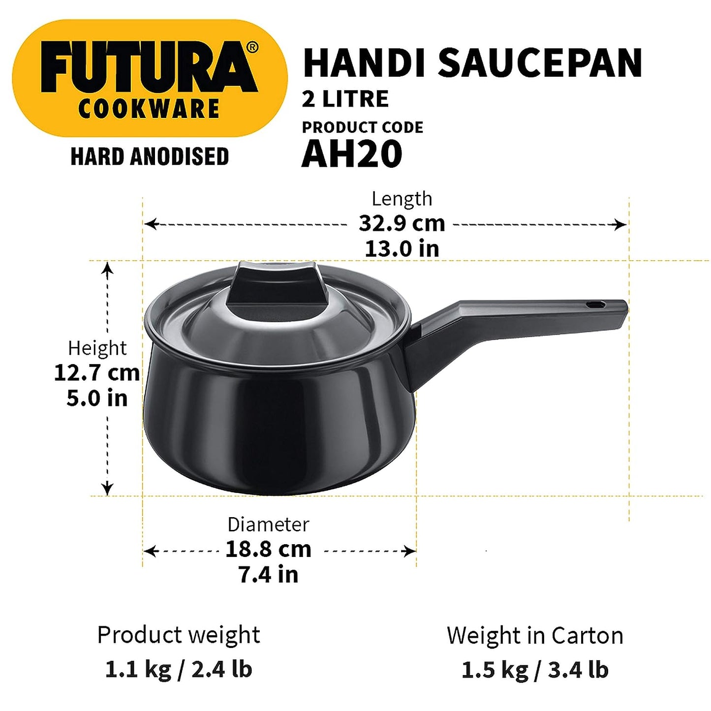 Hawkins Futura Hard Anodised Cook n Serve Handi (Sauce Pan) 2 Litres | 18cm, 4.06mm - AH 20