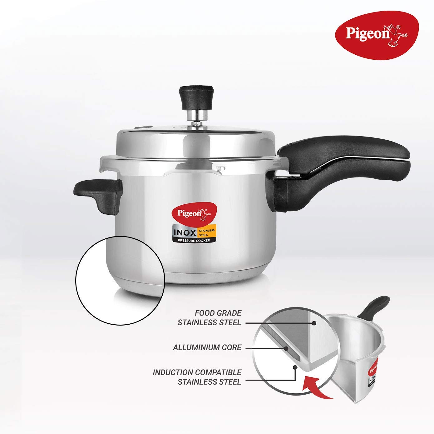 Pigeon Inox Stainless Steel Outer Lid Pressure Cooker 5 Litres, Induction Base - 14046