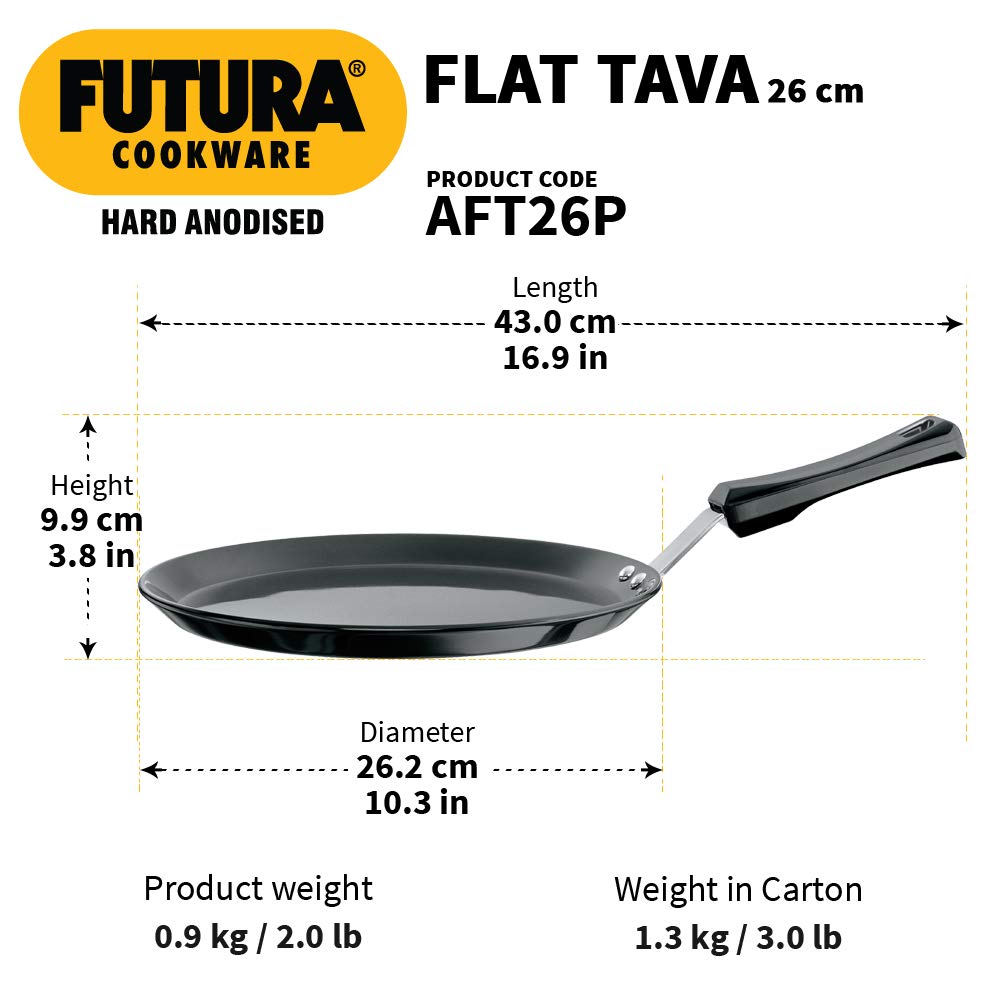 Hawkins Futura Hard Anodised Flat Tava With Plastic Handle 26 cm, 4.88 mm - AFT26P