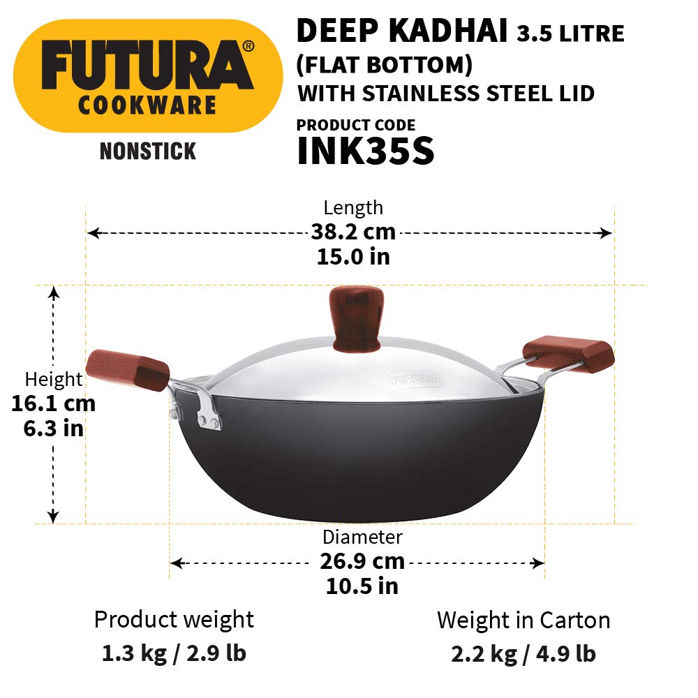 Hawkins Futura Non-stick Flat Bottom Induction Base With Stainless Steel Lid Deep Kadhai, Fry Pan 3.5 Litres | 26 cms, 3.25mm - INK 35S