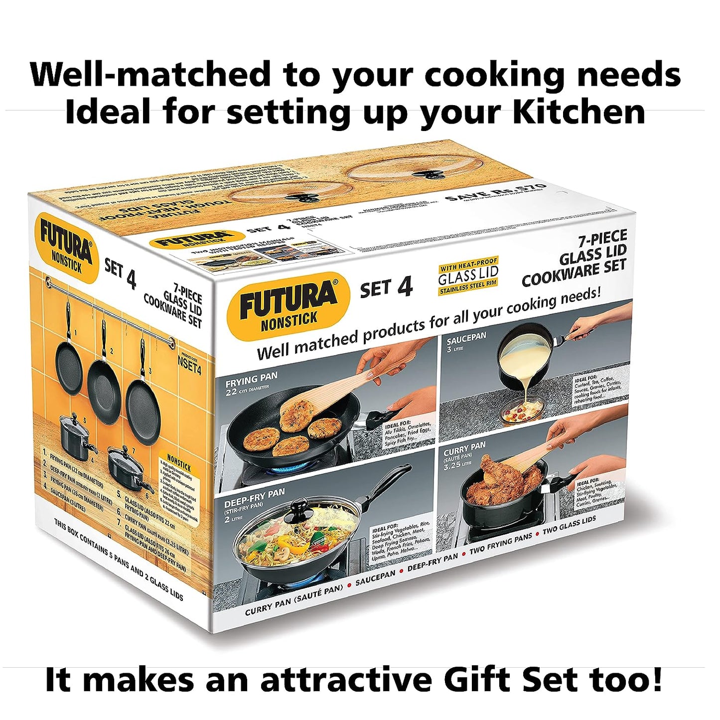 Hawkins Futura 5 Pieces Non Stick Cookware Set No. 4 - 22cm & 26cm Frying Pan With Glass Lid, 2 Litres Stir Fry Pan, 3.25 Litres Curry Pan, 3 Litres Sauce Pan - NSET4