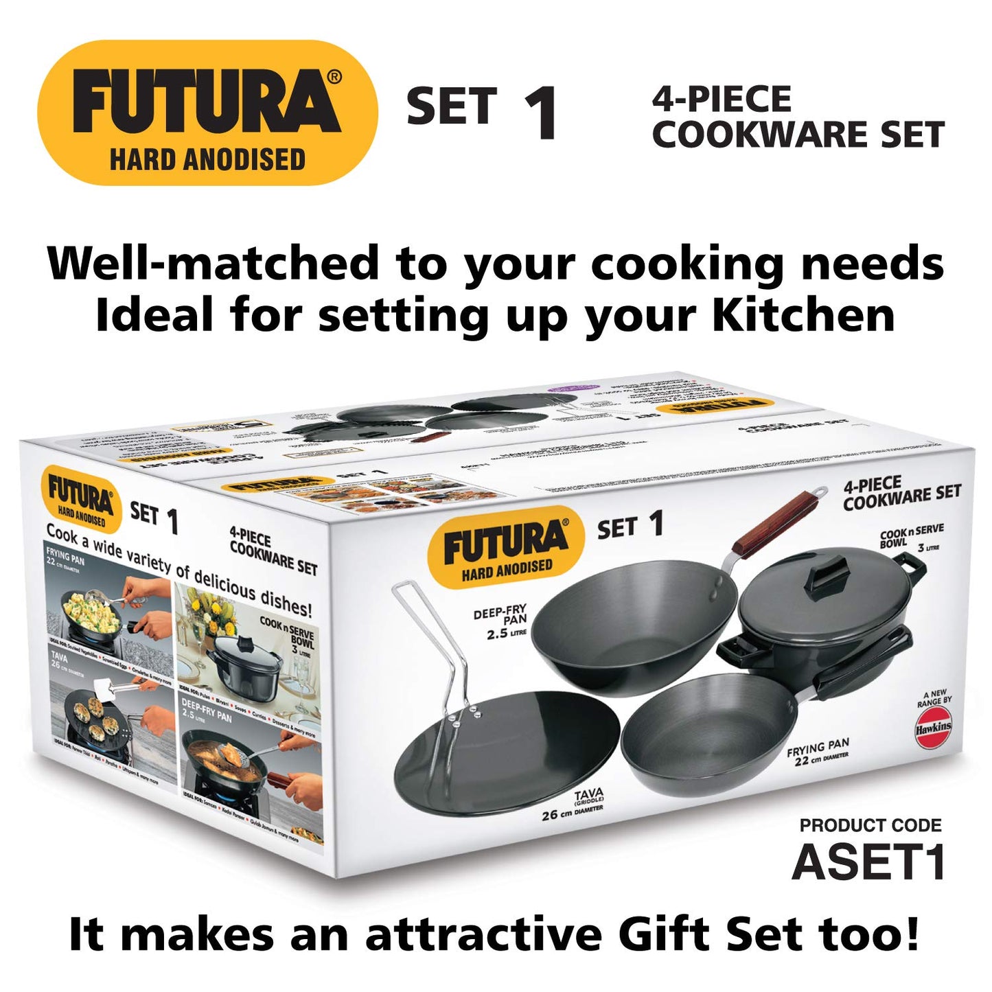 Hawkins Futura 4 Pieces Hard Anodised Cookware Set 1 - 26cm Tava, 22cm Frying Pan, 2.5 Litres Deep Fry Pan and 3 Litres Cook-n-Serve Bowl and One Hard Anodised Lid -ASET1