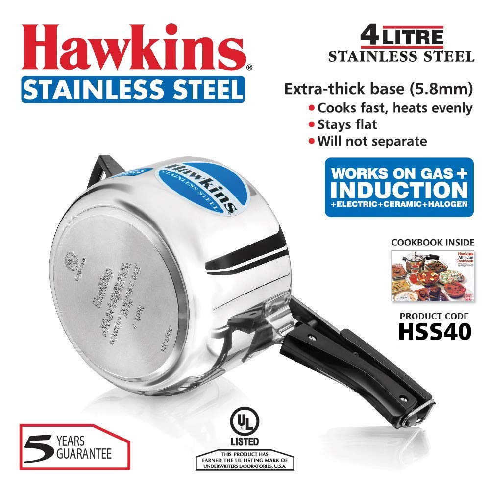 Hawkins Stainless Steel Induction Compatible Inner Lid Pressure Cooker, 4 Litres - HSS40