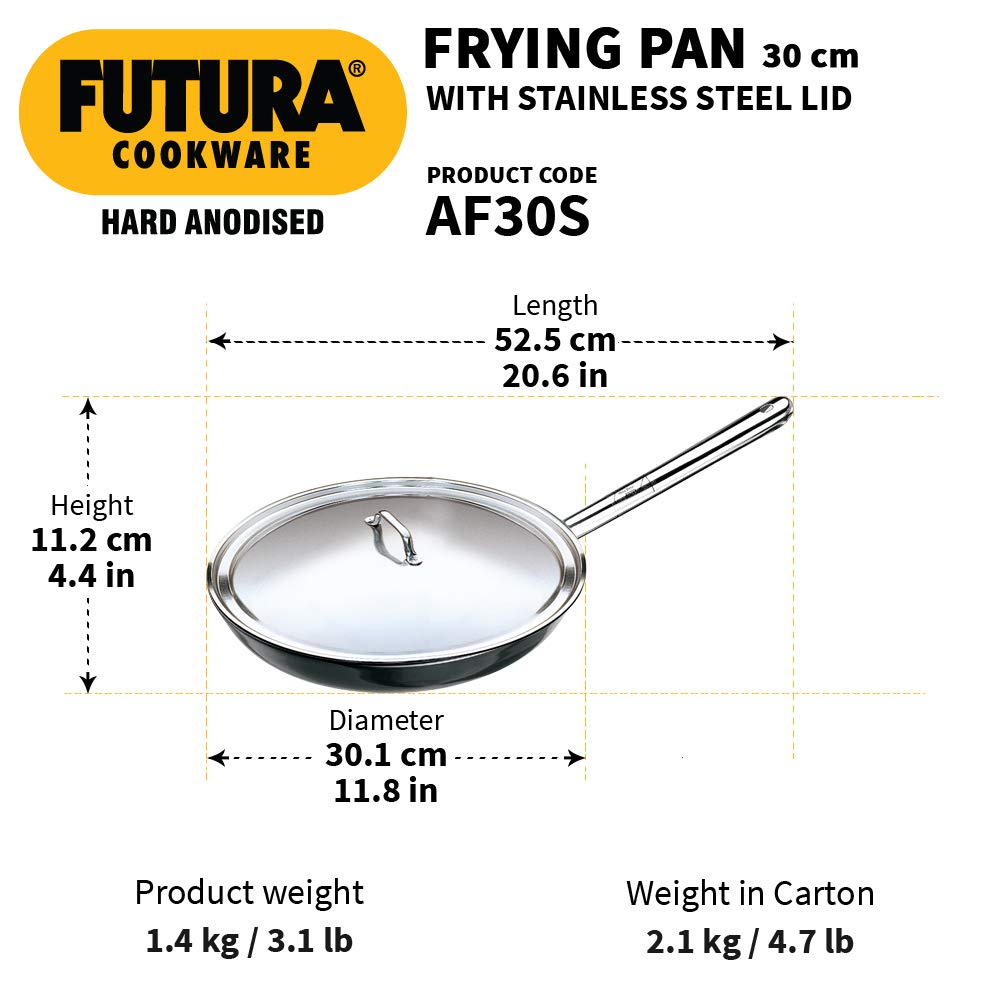 Hawkins Futura Hard Anodised Fry Pan With Stainless Steel Handle & Lid 30 cms | 4.06mm - AF 30S