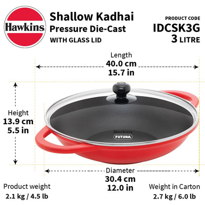 Hawkins Die-Cast Nonstick Induction Base Shallow Kadhai With Glass Lid 3 Litres - IDCSK 3G