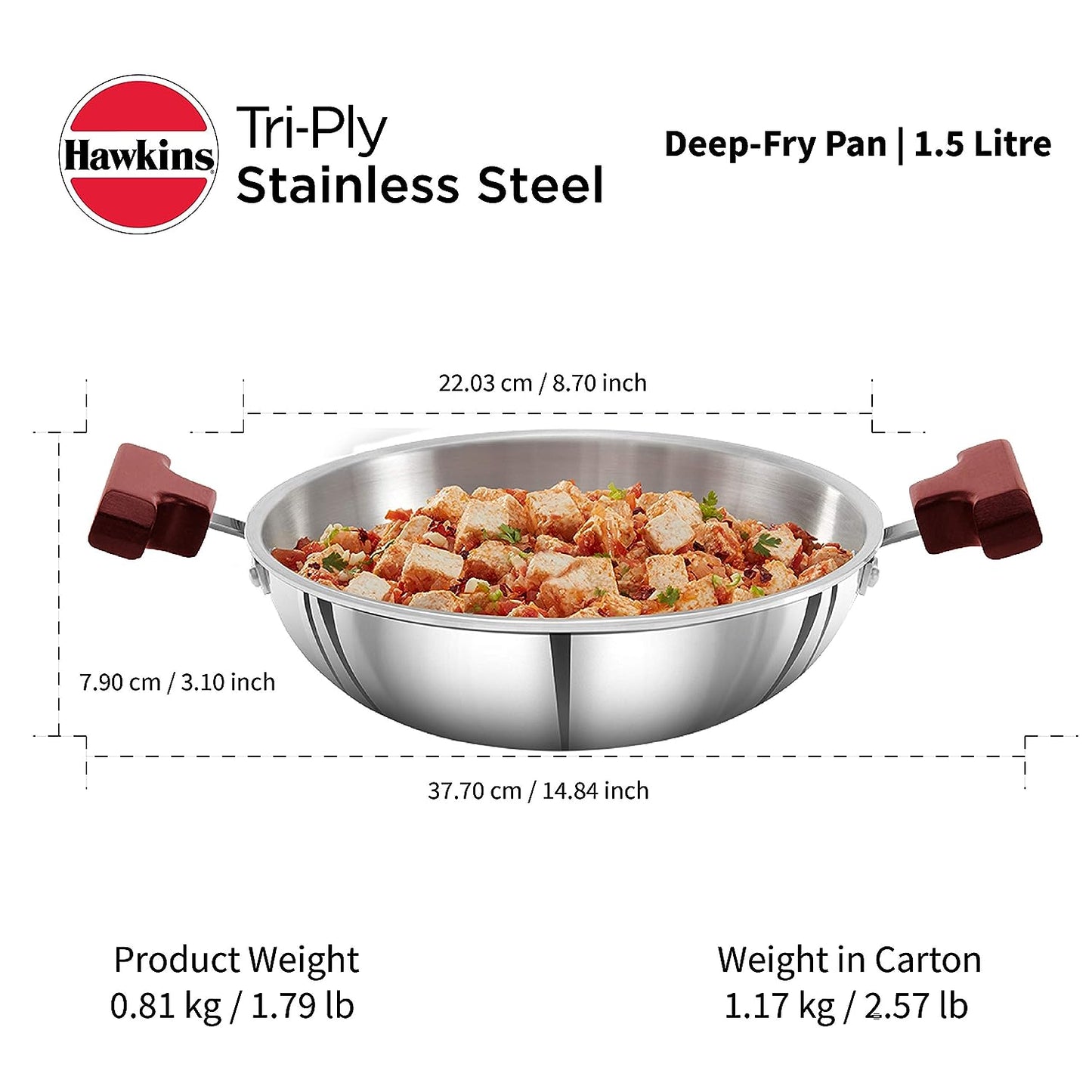 Hawkins Triply Stainless Steel Deep Fry Pan | Kadhai 1.5 Litres | 22cms, Flat Bottom Induction Base - SSD 15