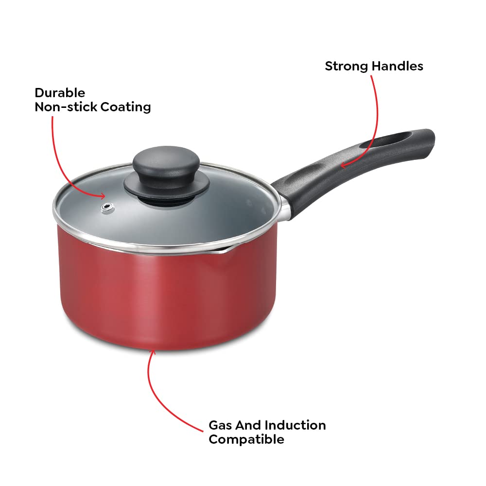 Prestige Omega Deluxe Aluminium Induction Base Non-Stick Milk Pan 160mm with Glass Lid, (Red) - 36728