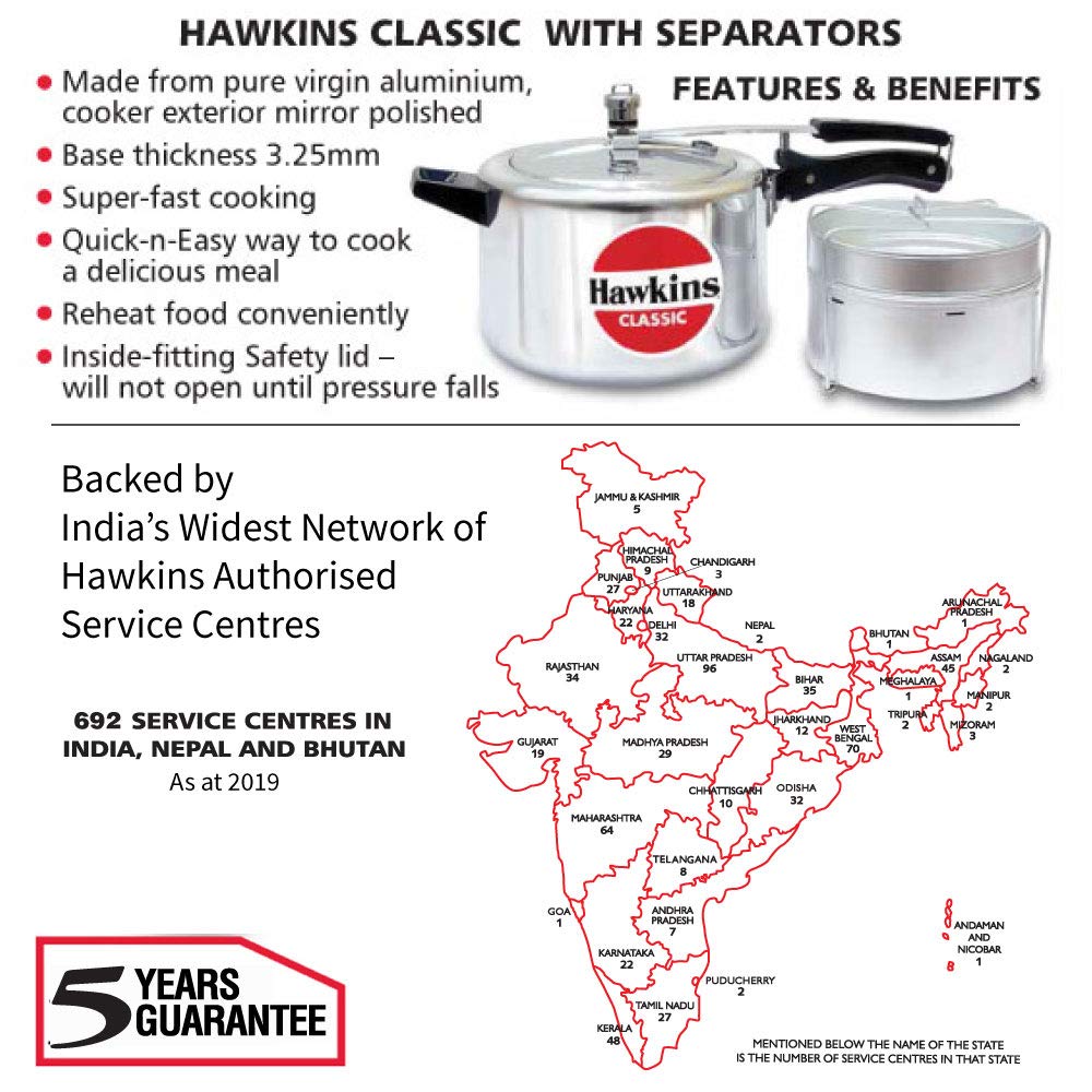 Hawkins Classic 5 Litres Inner Lid Pressure Cooker with Aluminium Separators - CL51