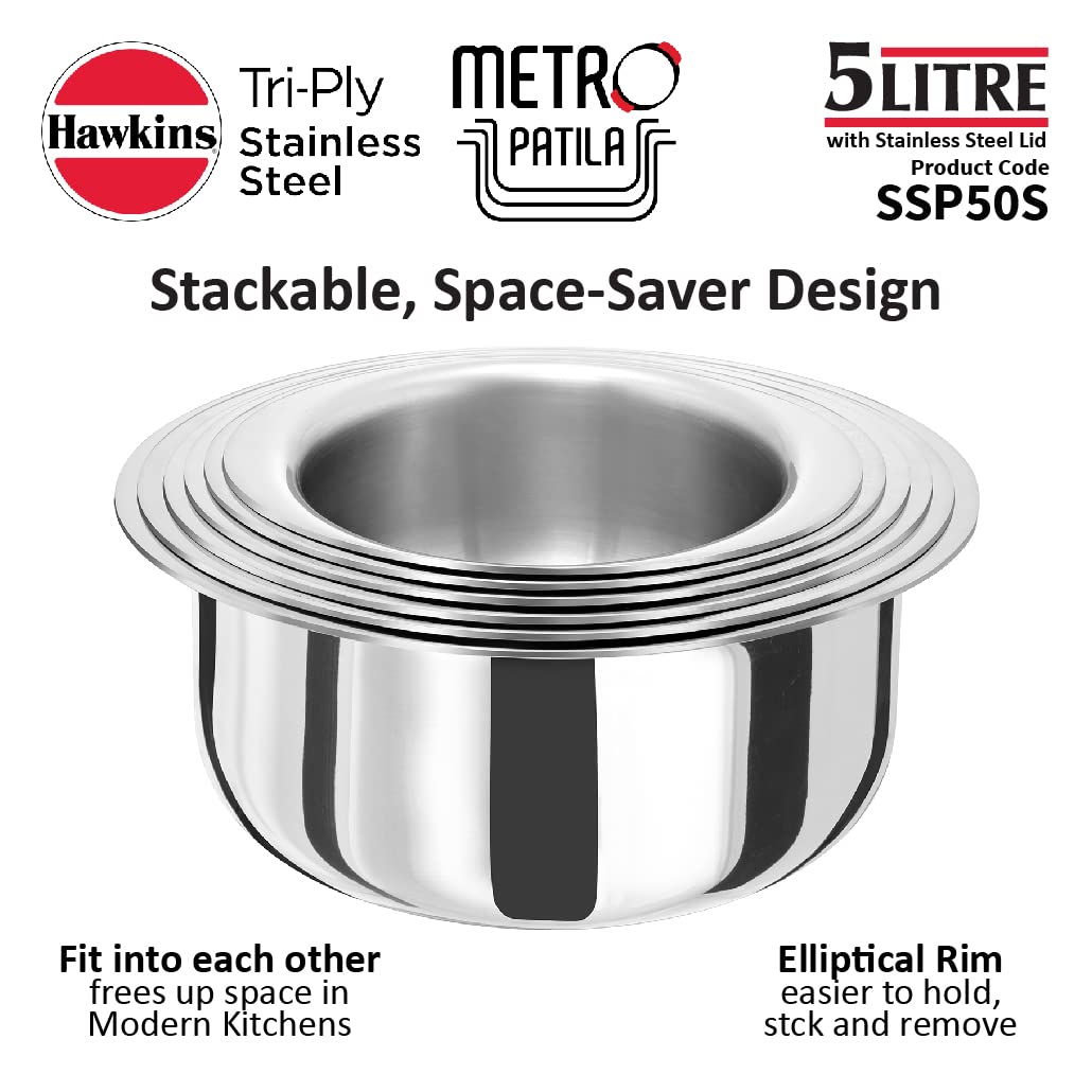 Hawkins 5 Litres Metro Patila, Triply Stainless Steel Tope With Stainless Steel Lid, Induction Bhagona, Tapeli 24.3cms - SSP50S
