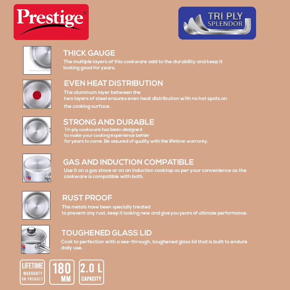 Prestige Tri-ply Splender Stainless Steel Sauce Pan with Lid 180mm | 2 Litres - 37418