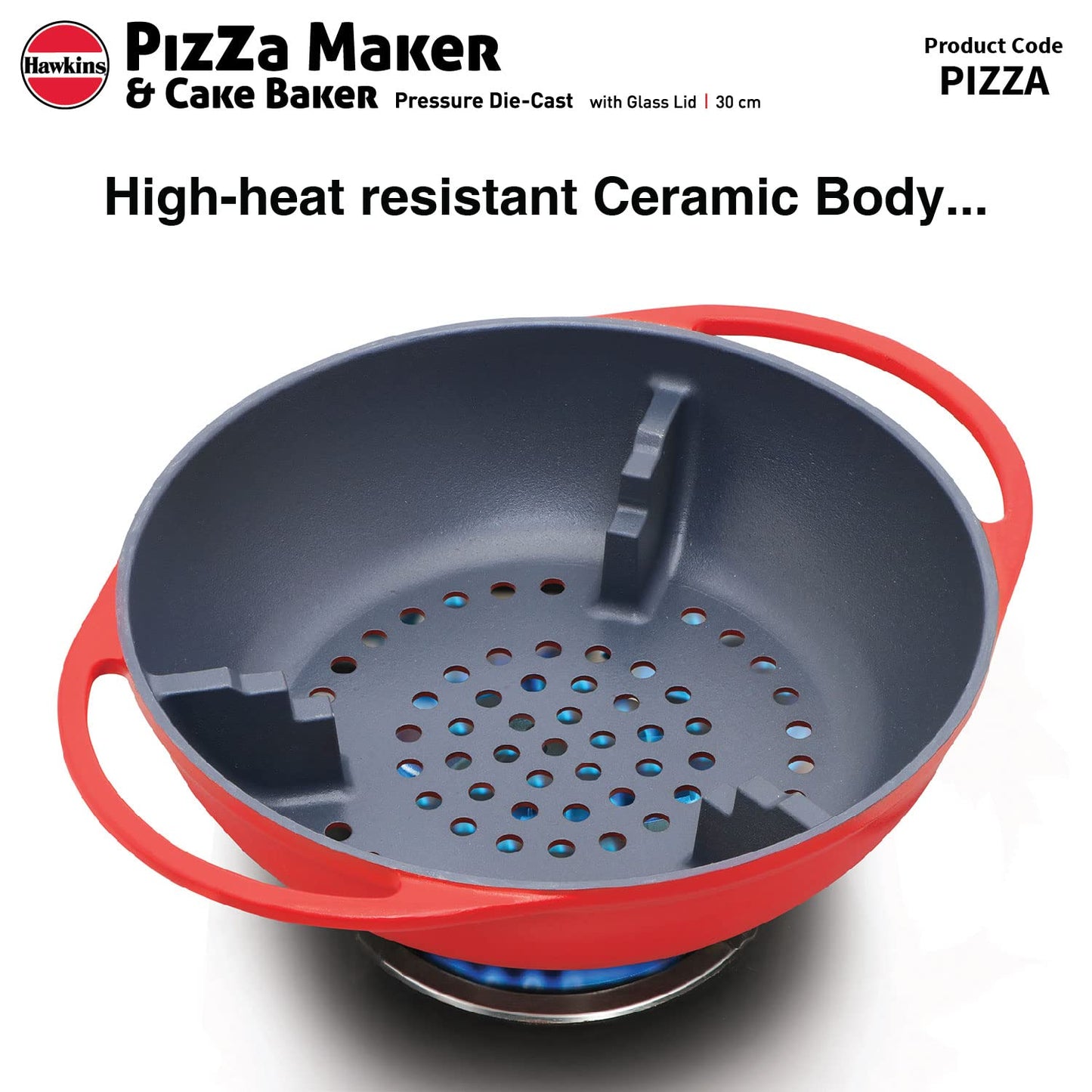 Hawkins Diecast 30cms Nonstick Pizza Maker and Cake Baker with Glass Lid, Gas Oven, Pizza Oven Toaster Griller Tandoor Barbecue, Cake Baking Pan, Red - PIZZA