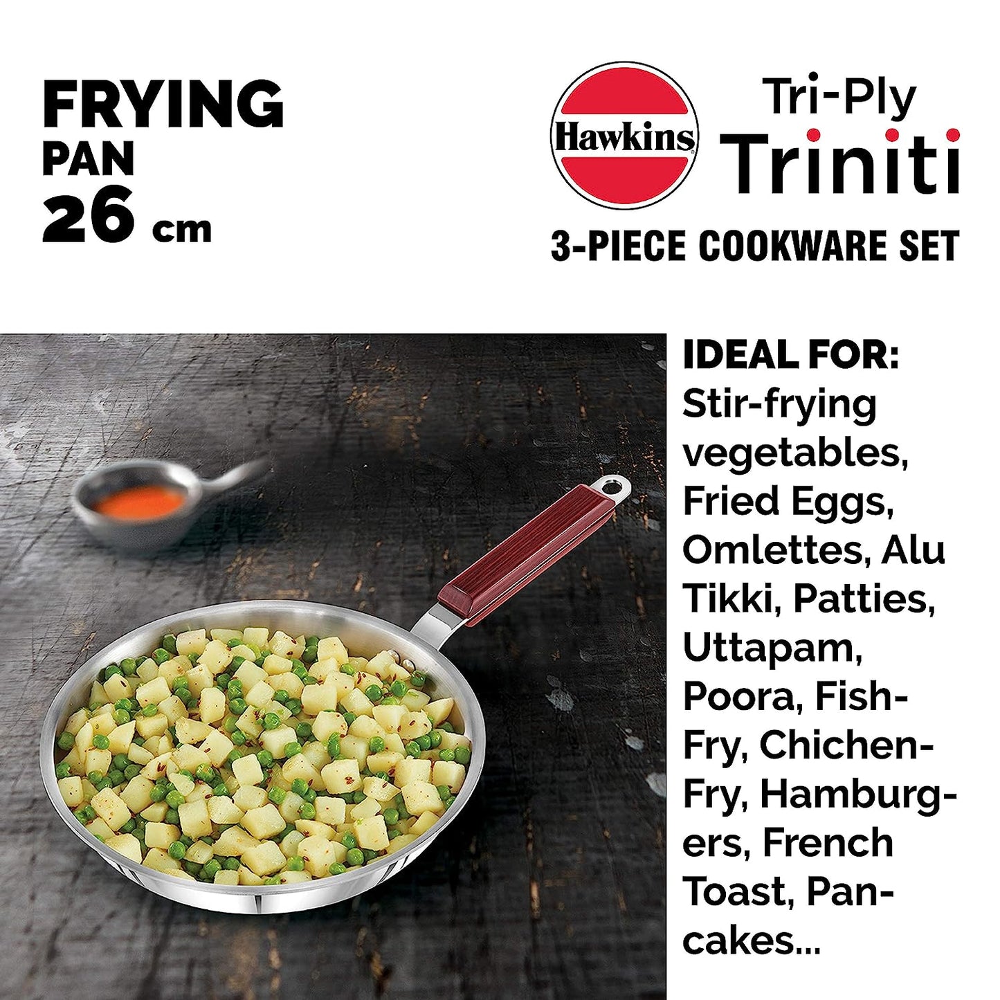Hawkins Triniti 3 Pieces Triply Stainless Steel Cookware Set (Frying Pan 26cm, Tava 26cm, Deep-Fry Pan with Glass Lid 2.5 Litres) - SSET1