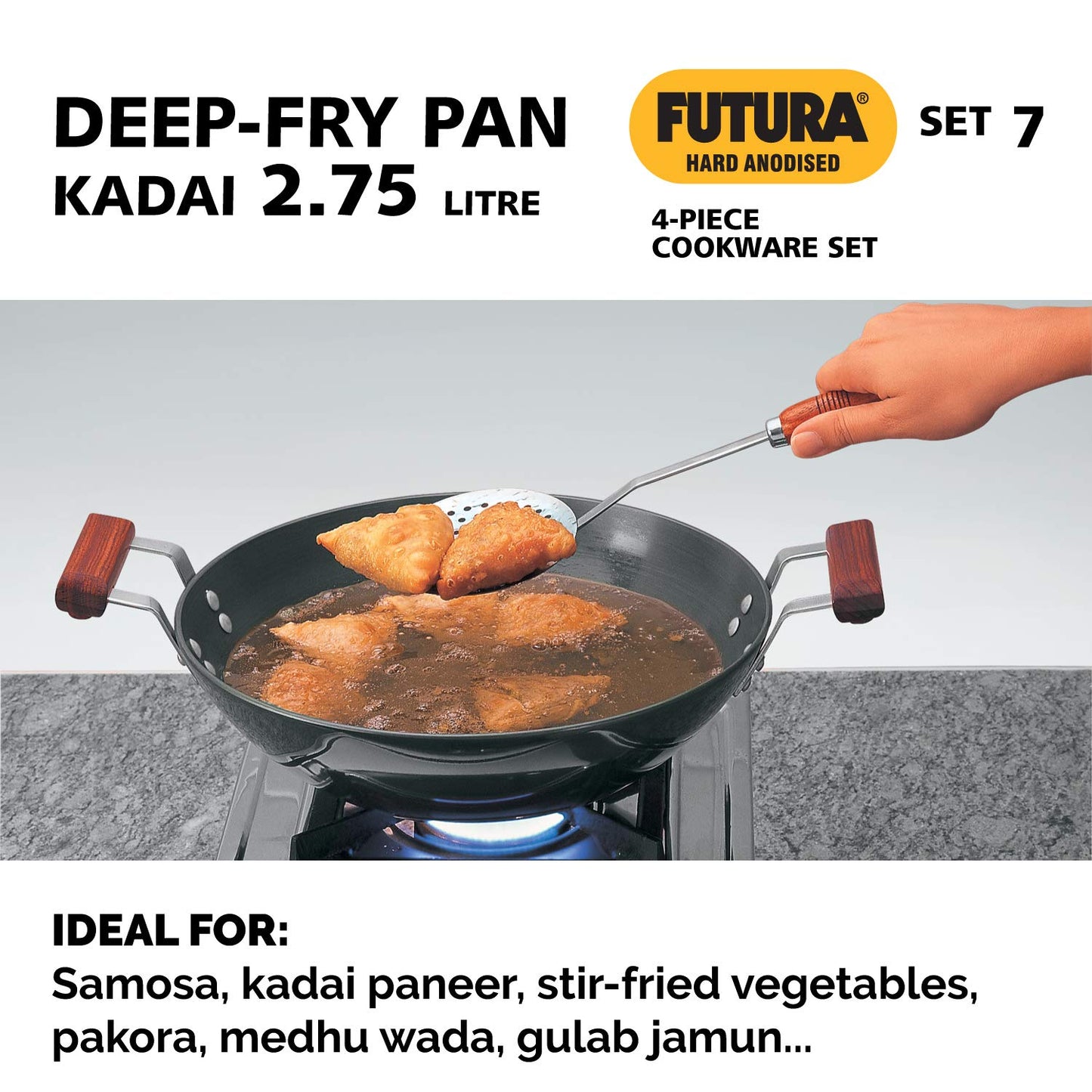 Hawkins Futura 4 Pieces Hard Anodised Cookware Set 7 - 1 Cup Tadka Pan, 18cm Fry Pan, 2.75 Litre Kadhai With SS Lid and 1.5 Litre Suace Pan With SS Lid - ASET7