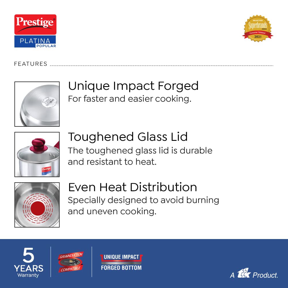 Prestige Platina Popular Stainless Steel Unique Impact Forged Bottom Sauce Pan with Glass Lid 140mm - 36881