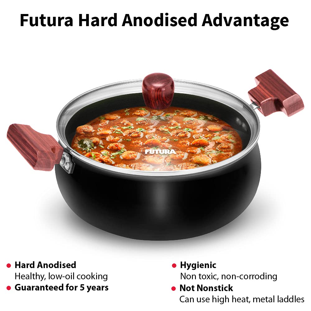 Hawkins Futura Hard Anodised Cook n Serve Handi With Glass Lid 3 Litres | 22cm, 3.25mm - ACH 30G