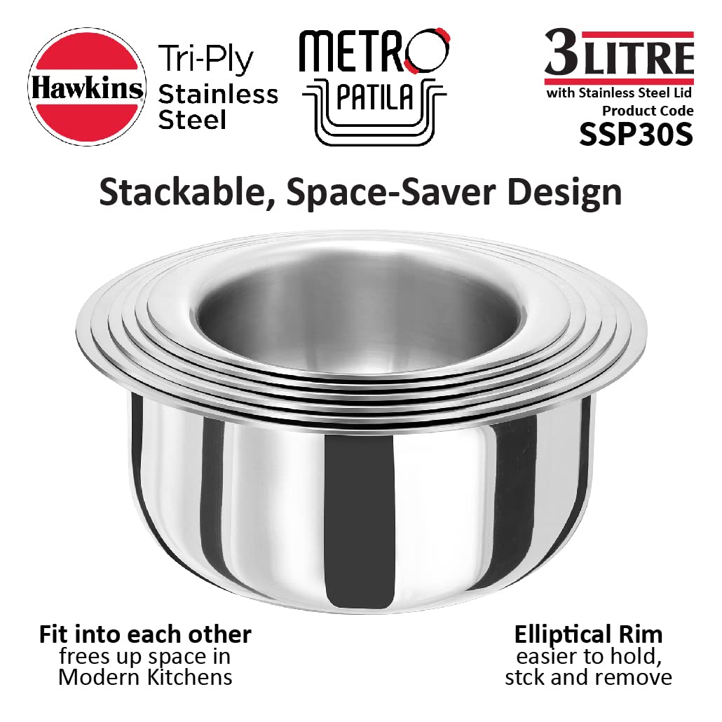 Hawkins 3 Litres Metro Patila, Triply Stainless Steel Tope With Stainless Steel Lid, Induction Bhagona, Tapeli 21cms - SSP30S