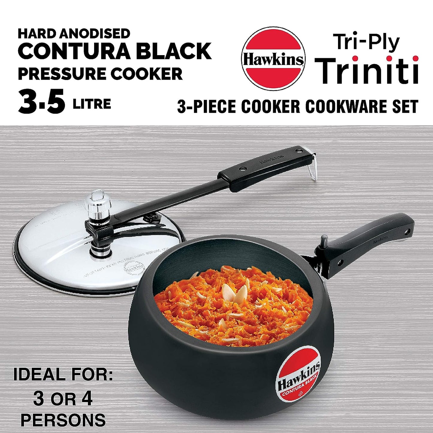 Hawkins Triniti Hard Anodised Aluminium Kitchen Set (26cm Tava, 2.5 Litres Deep-Fry Pan, 3.5 Litres Inner Lid Pressure Cooker) - PCWSET1