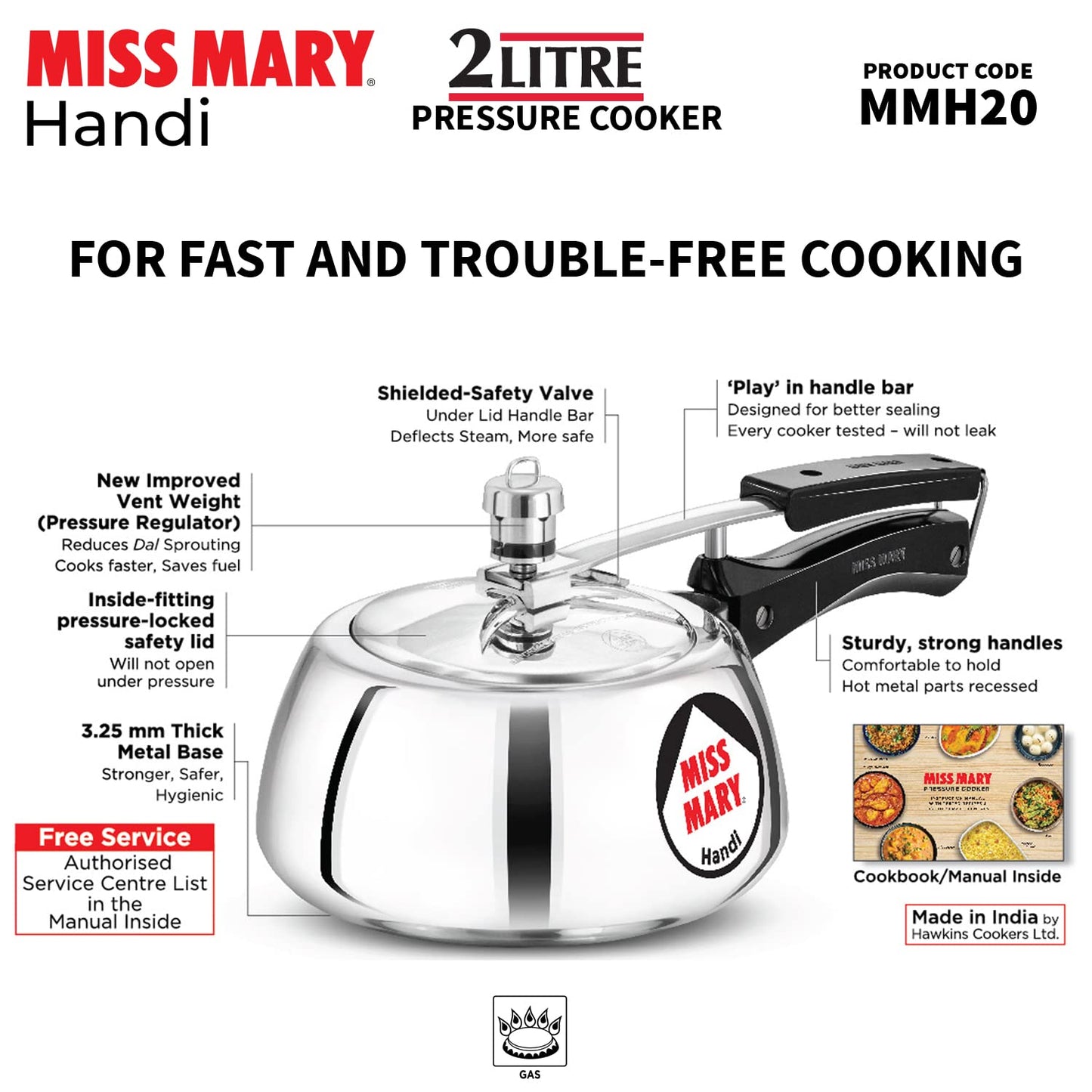 Hawkins Miss Mary Handi Aluminium Inner Lid Pressure Cooker 2 Litres - MMH20