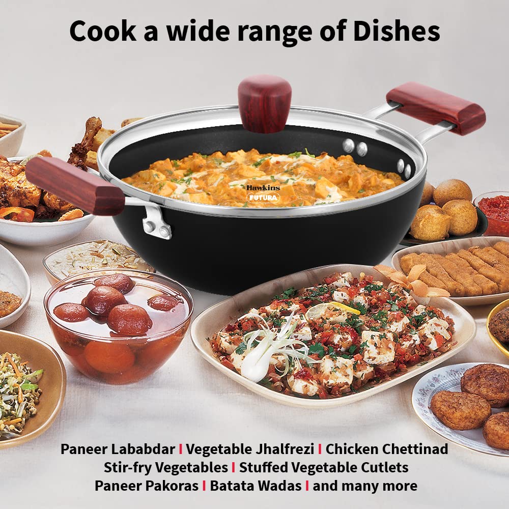 Hawkins Futura Non-stick Flat Bottom Deep Kadhai, Fry Pan With Glass Lid 2.5 Litres | 24 cms, 3.25mm, Induction Base - INDK 25G