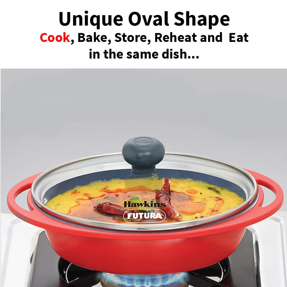 Hawkins Die-Cast Mini Casserole With Glass Lid 0.75 Litres, Oval Shaped Die-Cast pan for Cooking, Reheating, Serving and Storing, Red - DCR75G