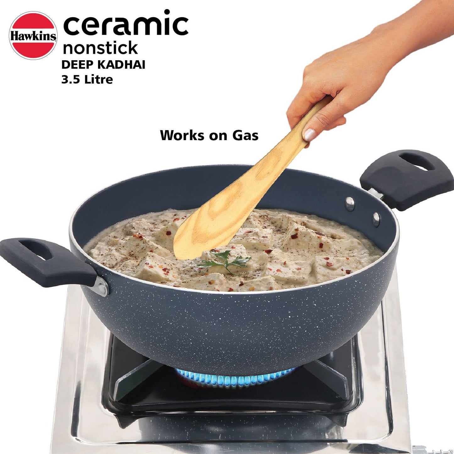 Hawkins Ceramic Nonstick 3.5 Litres Induction Base Granite Deep Kadhai With Glass Lid 26 cms- ICK35G