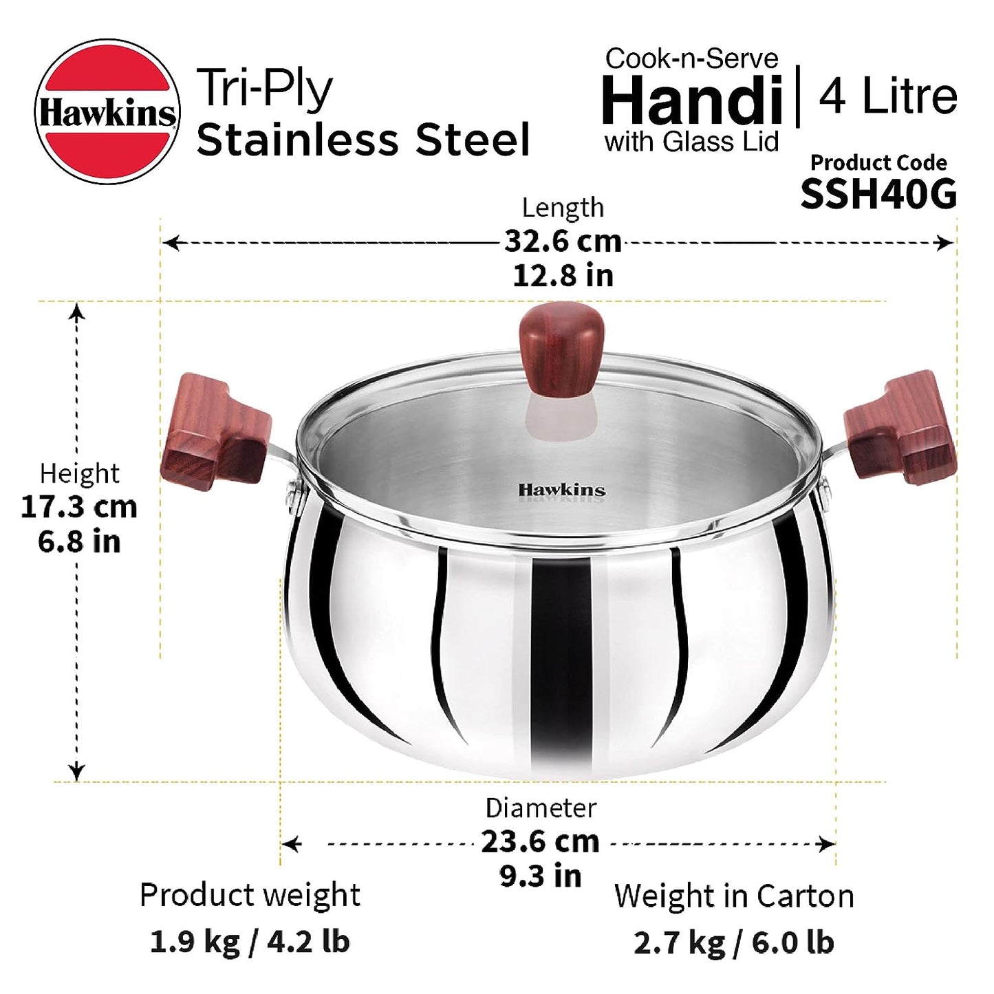 Hawkins Triply Stainless Steel Induction Base Cook n Serve Handi With Glass Lid 4 Litres | 22 cms - SSH 40G