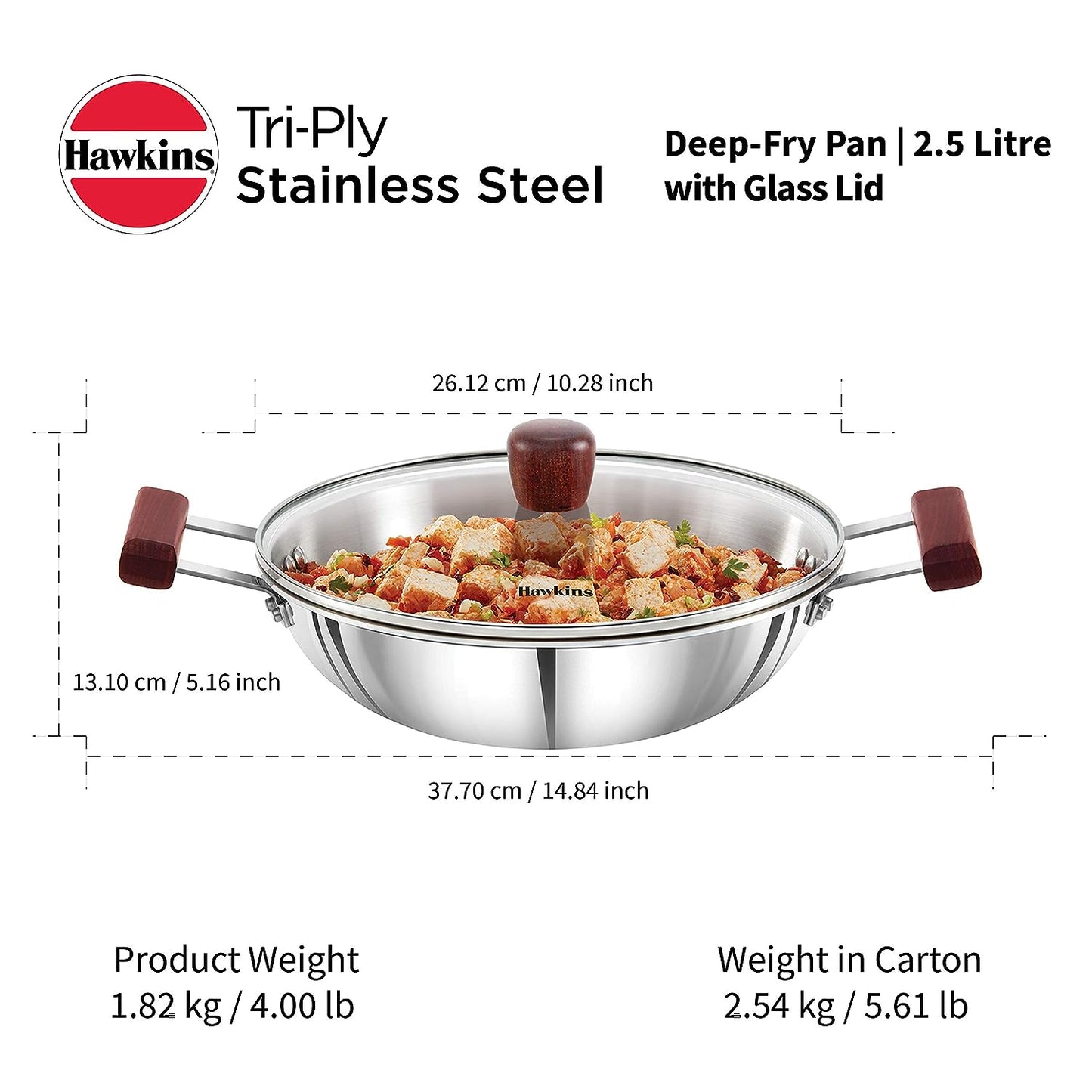 Hawkins Triply Stainless Steel Deep Fry Pan | Kadhai With Glass Lid 2.5 Litres | 26cms, Flat Bottom Induction Base - SSD 25G
