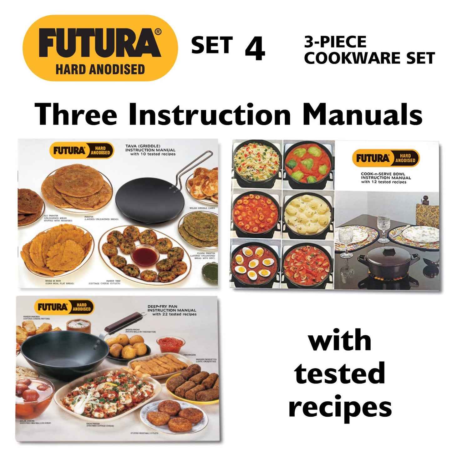 Hawkins Futura 3 Pieces Hard Anodised Cookware Set 4 - 22cm Tava, 2 Litres Cook and Serve Bowl with One Hard Anodised Lid and 1.5 Litres Deep Fry Pan - ASET4