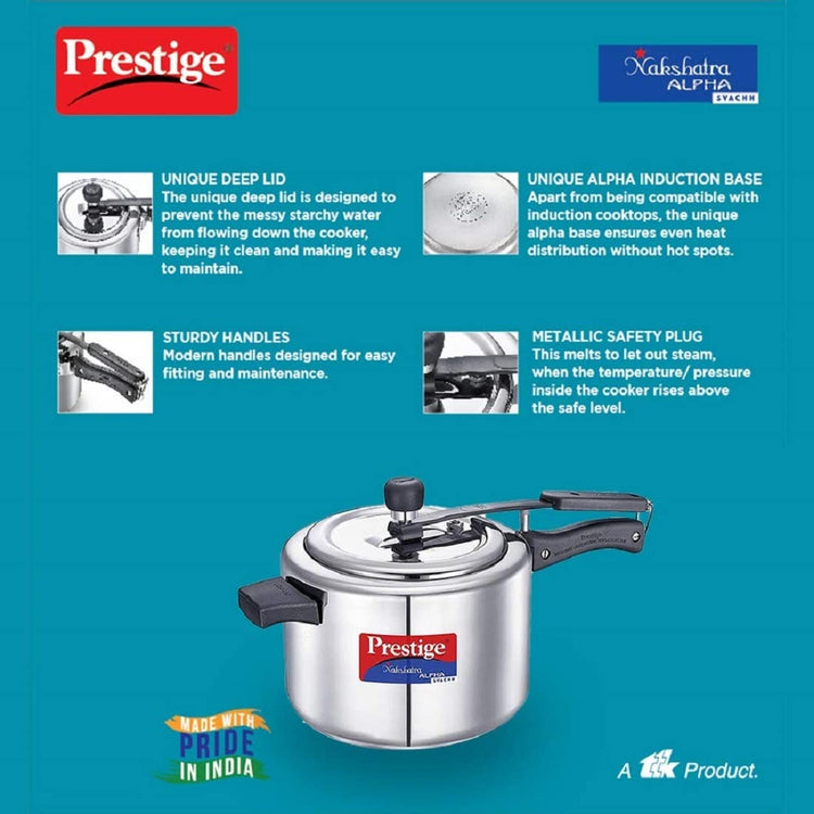 Prestige Nakshatra Alpha Svachh Stainless Steel, 5 Litres, Straight Wall, Spillage Control Pressure Cooker - 20246