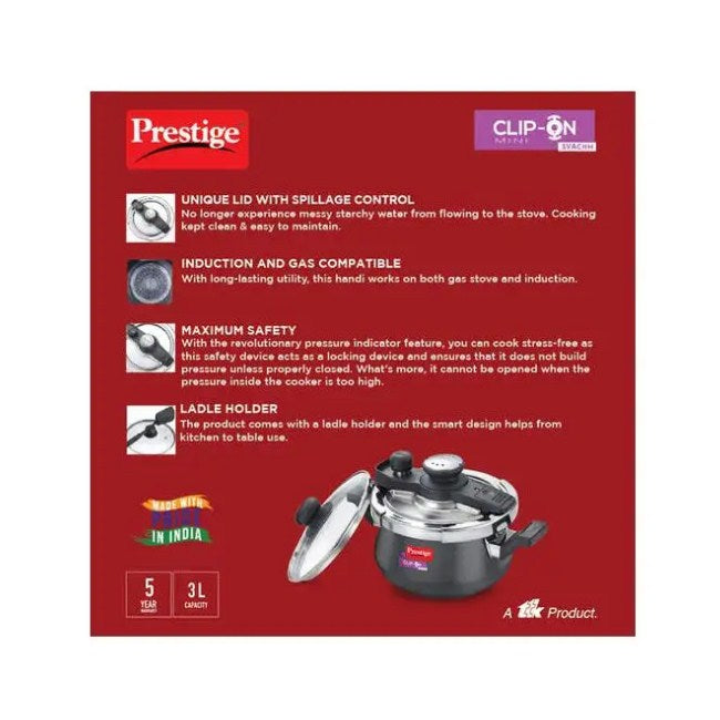 Prestige Clip-on Mini Svachh Hard Anodised Spillage Control Pressure Cooker with Glass Lid 3 Litres - 20238