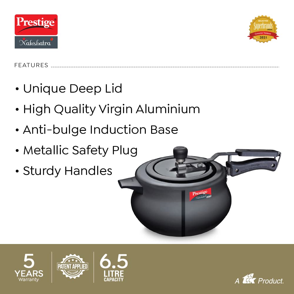 Prestige Nakshatra Plus Svachh Hard Anodised Aluminium Spillage Control Inner Lid Handi Pressure Cooker, 6.5 Litres (Black) - 10762