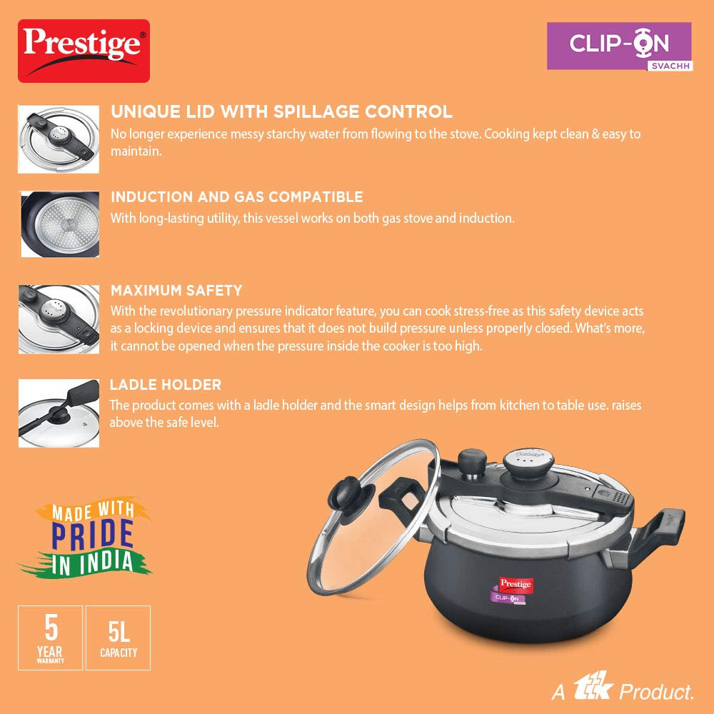 Prestige Svachh Clip-on 5 Litres Hard Anodised Aluminium Outer Lid Pressure Handi - 20235