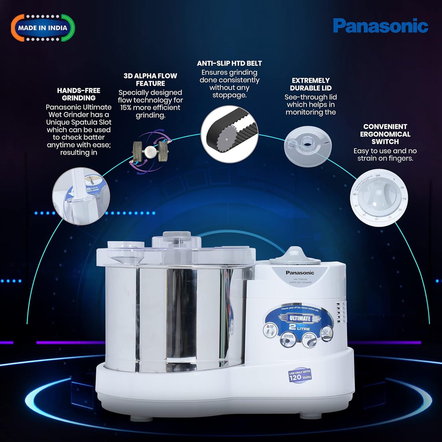 Panasonic MK-TSW200 Super Wet Grinder, 2 L (White) 120 Volt, for USA & Canada Usage