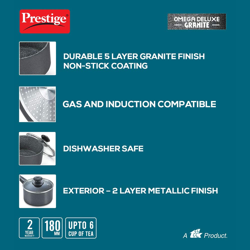 Prestige Omega Deluxe Granite Non-stick Milk Pan with Lid, 18cms - 36318