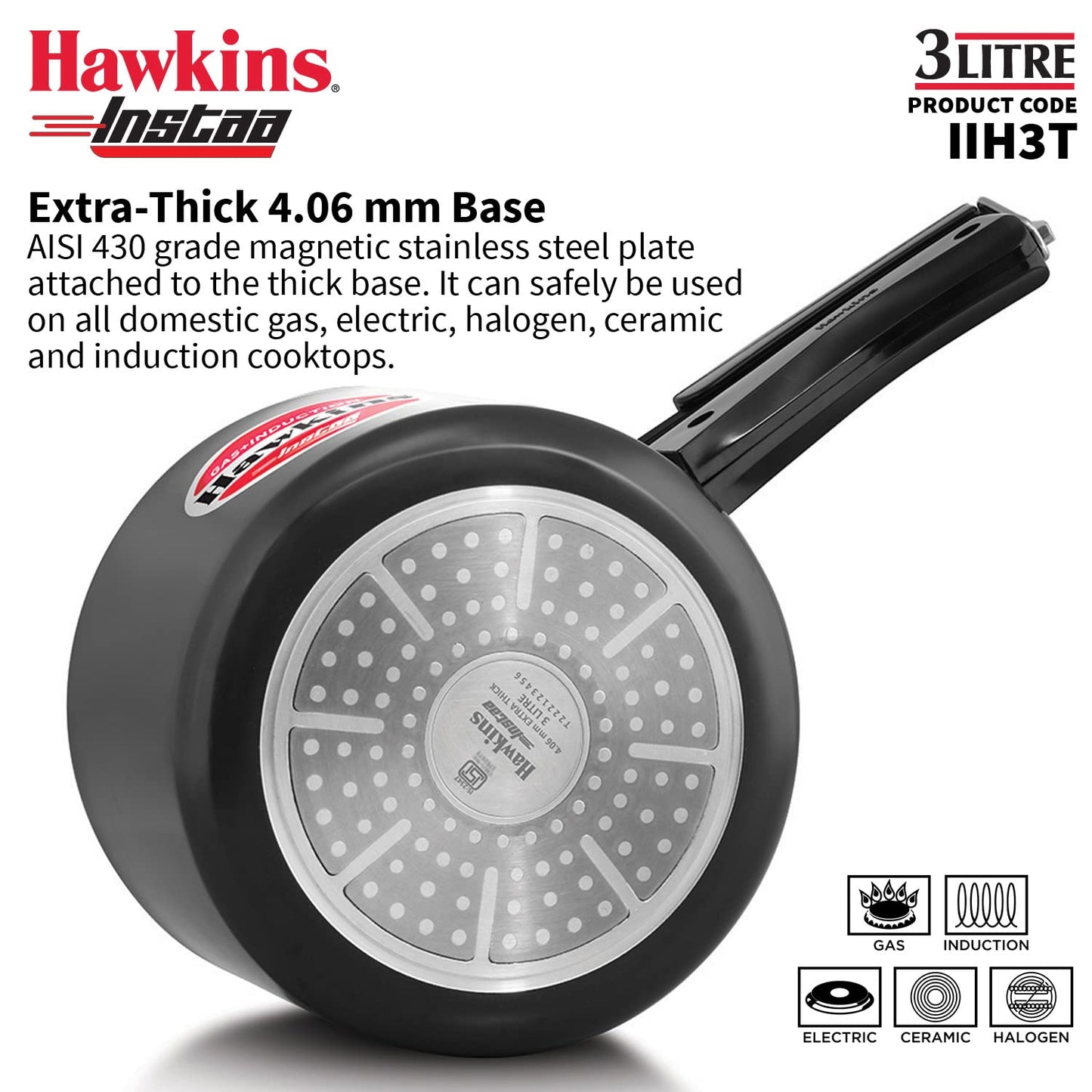 Hawkins Instaa 3 Litres Hard Anodised Pressure Cooker, Induction Base Inner Lid Cooker, Black - IIH3T