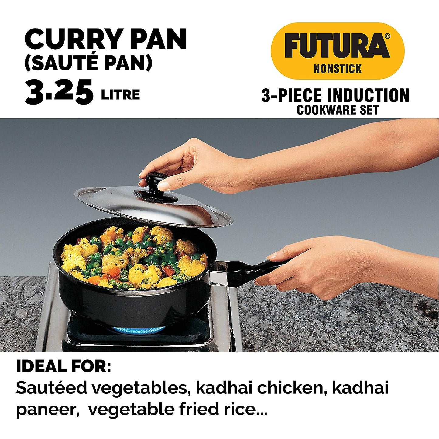Hawkins Futura 3 Pieces Non Stick Cookware Set No. 2 - 26cm Tava, 26cm Frying Pan and 3.25 Litres Curry Pan with One Stainless Steel Lid - NSET2