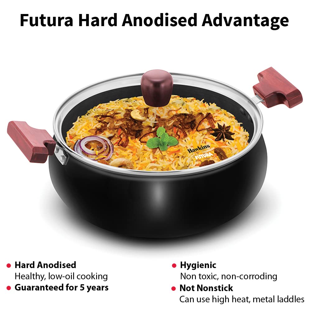 Hawkins Futura Hard Anodised Cook n Serve Handi With Glass Lid 5 Litres | 26cm, 3.25mm - ACH 50G