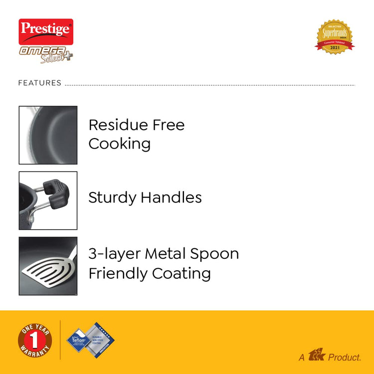 Prestige Omega Select Plus Non-Stick Aluminium Flat Base Kadhai with Lid, 20cm, 2.2 Liters - 30730